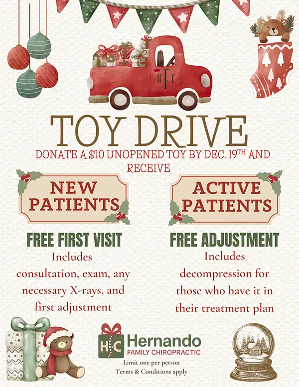 Toy drive flyer with specials listed.